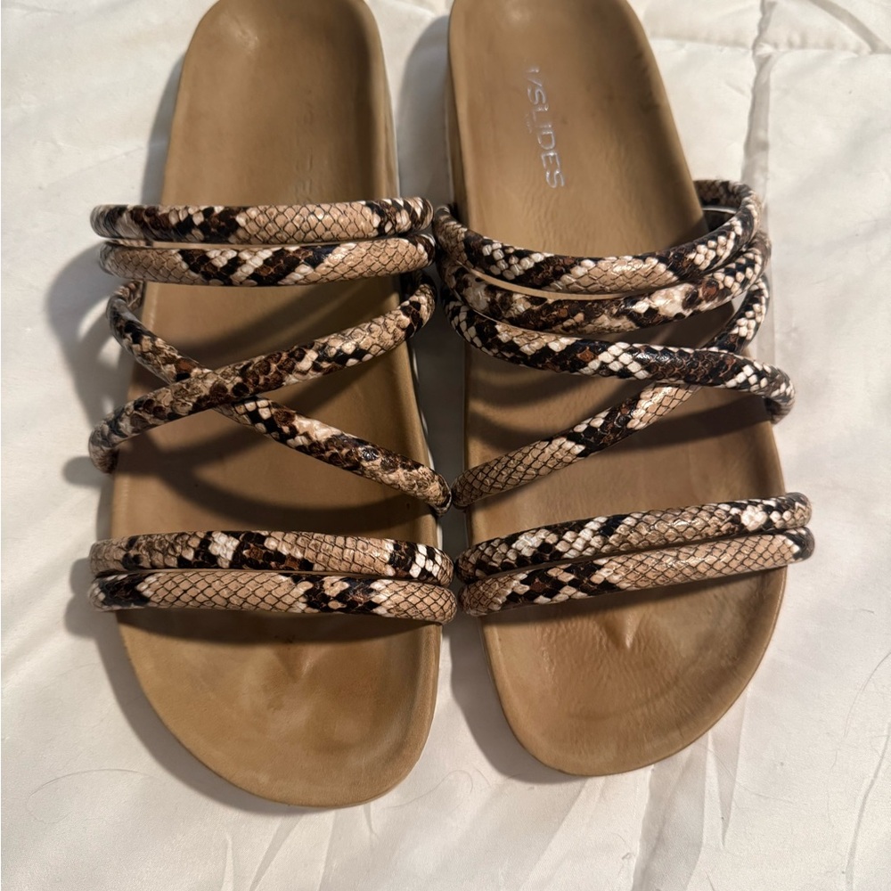 J Slides Brown Snakeskin Sandals